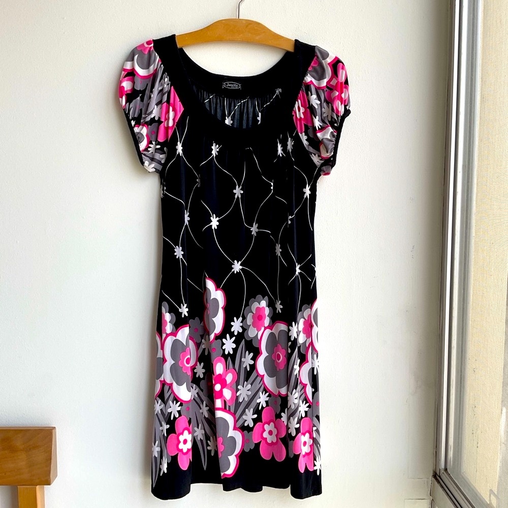 Vintage Floral Black and Pink Dress